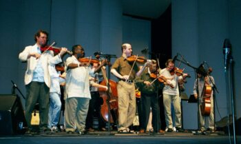 Joerg Widmoser, John Blake, Matt Glaser, Claude Williams, Mark O'Connor, Rushad Eggleston (8-14-2002; Photo by R.Brooks)